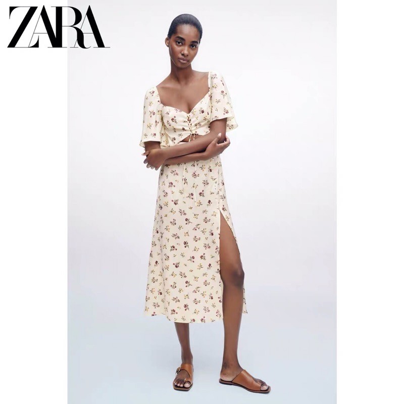 Đầm maxi liền hoa xẻ đùi croptop tay loe Zara new best seller 2021