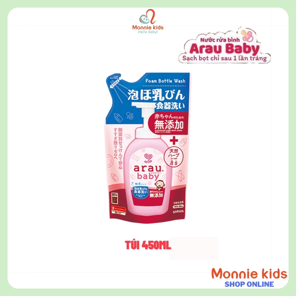 Nước rửa bình ARAU BABY túi 450ml, nước rửa bình chiết xuất lá tía tô an toàn cho bé - Monnie Kids