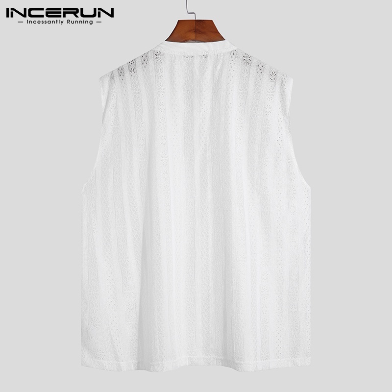 Áo ba lỗ nam INCERUN dáng rộng cổ tròn không tay ren xuyên thấu thời trang