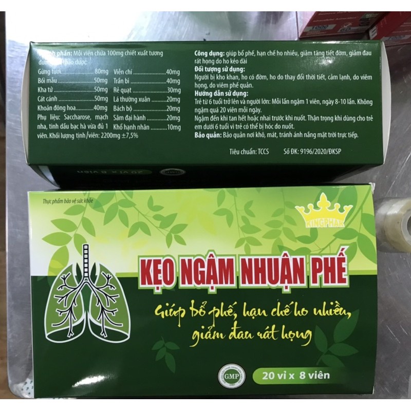 KẸO NGẬM HO NHUẬN PHẾ Kingphar - vỉ 8 viên - giúp bổ phế tiêu đờm, làm ấm đường hô hấp.