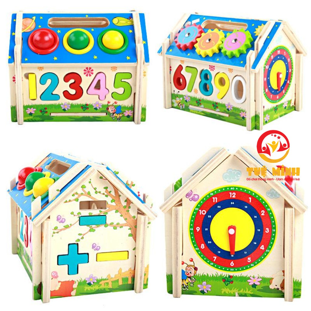 [Mã LIFETOYS1 giảm 30K đơn 99K] Nhà Thả Số Đập Bóng Gỗ 3 Trong 1 Cho Bé Học Con Số Màu Sắc Và Cách Xem Giờ