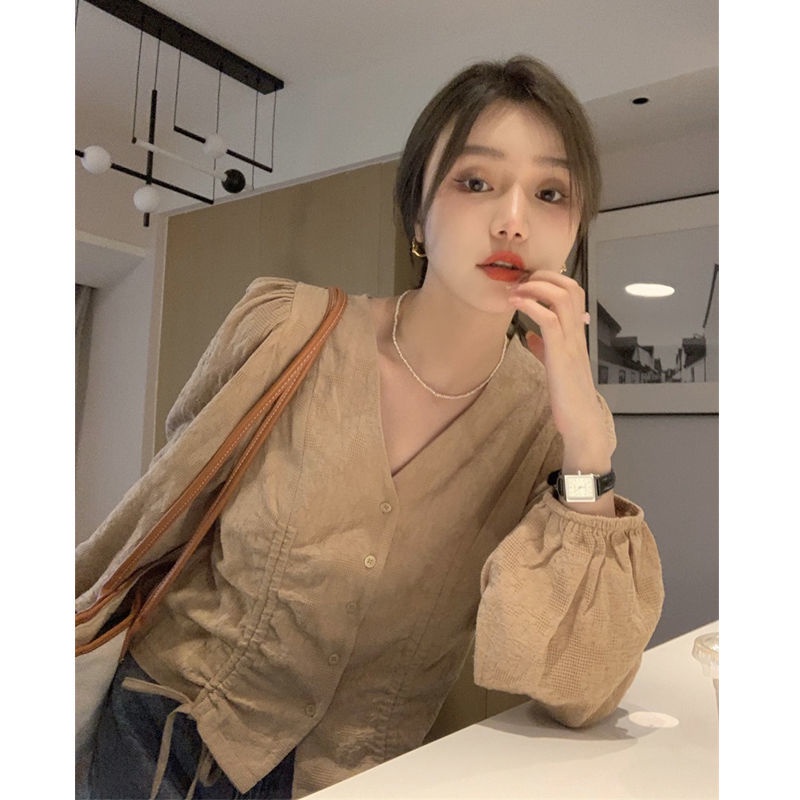 Áo sơ mi tay dài cổ chữ V thiết kế mới thời trang xinh xắn cho nữ