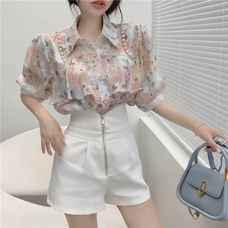 Set áo sơ mi voan hoa phối ngọc, Quần Short nữ dây kéo lưng cao (có ảnh thật)