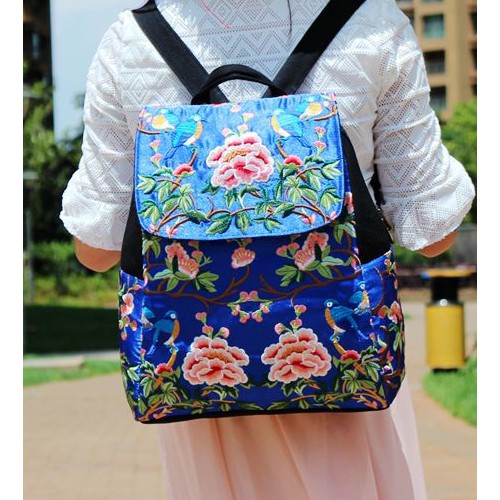 Balo vải phi thời trang thêu hoa form lớn đựng được laptop - T05BL16017