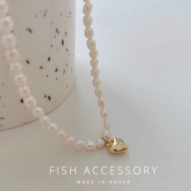 Choker-dây chuyền chuỗi ngọc trắng charm tim bạc