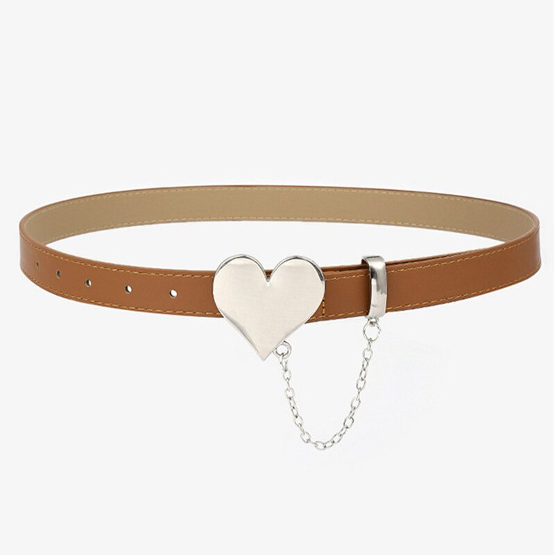 Thắt Lưng Da PU Màu Trơn Phối Dây Xích Trái Tim Kim Loại Phong Cách Harajuku Mới