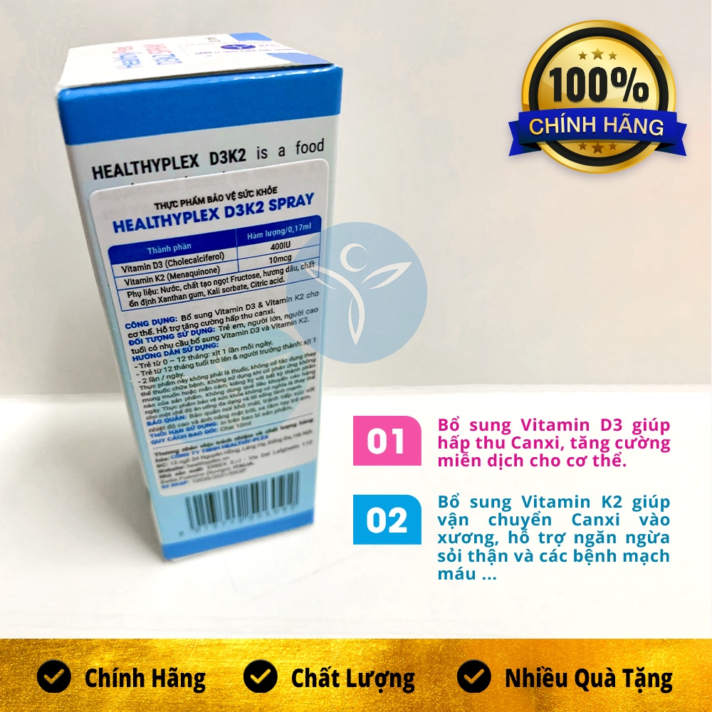 HeathyPlex D3K2 Spray dạng xịt giúp hấp thu canxi tối đa hỗ trợ cho xương, răng chắc khoẻ 10ml - NT126