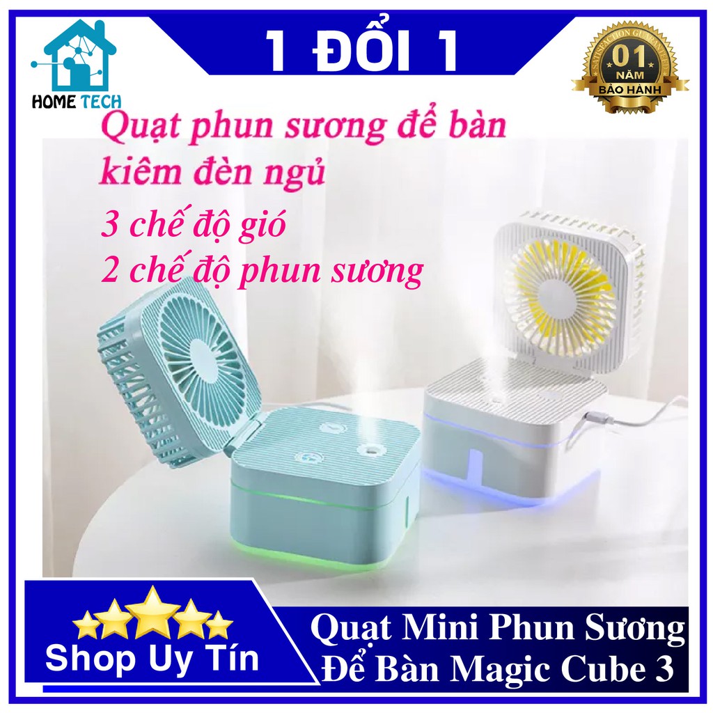 Quạt Mini | Quạt Phun Sương Để Bàn Magic Cube 3 Chế Độ Mát, Kiêm Đèn Ngủ Gấp Gọn Siêu Tiện Dụng - Bảo Hành 12 Tháng