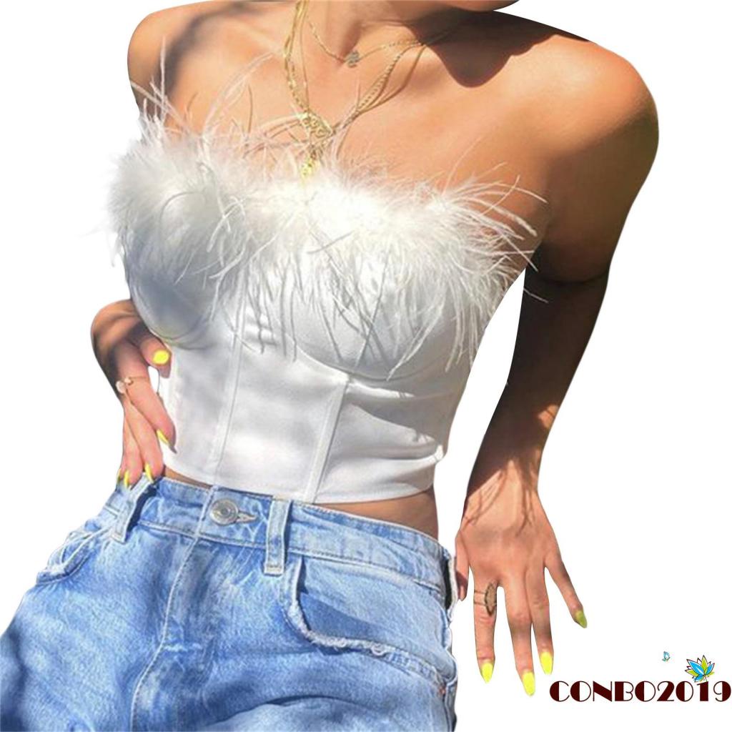 Áo Crop Top Không Tay Hở Lưng Phối Lông Có Khóa Kéo Màu Trơn Dành Cho Nữ