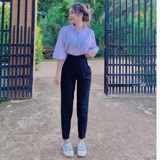 Quần tây baggy đi học nữ có đai lưng cao màu xanh đen dáng dài vải mềm trơn - Quần vải nữ công sở cạp ống đứng mặc sinh