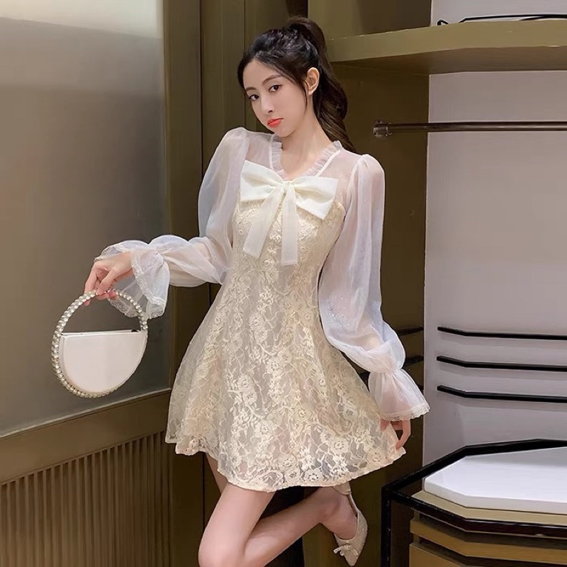 SẴN🎀Váy ulzzang ren lưới kiểu tiểu thư tay loe/Đầm xoè công chúa dự tiệc bánh bèo điệu vintage đi tiệc