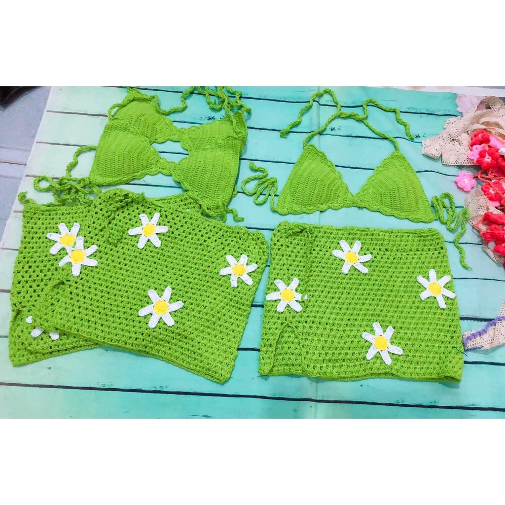 SET LEN MÓC ÁO VÀ VÁY ĐÍNH HOA 2 món - Bikini len