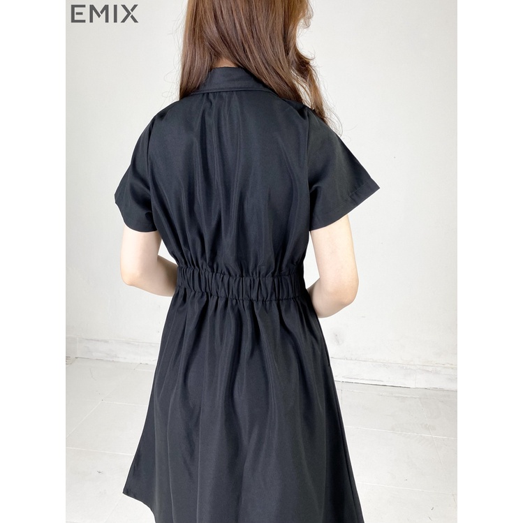 Váy sơ mi cổ đúc cúc cài chun sau EMIX (3 màu), đầm chữ A, dáng dài qua gối, cổ sơ mi, có túi hông, chất thô hàn 6789