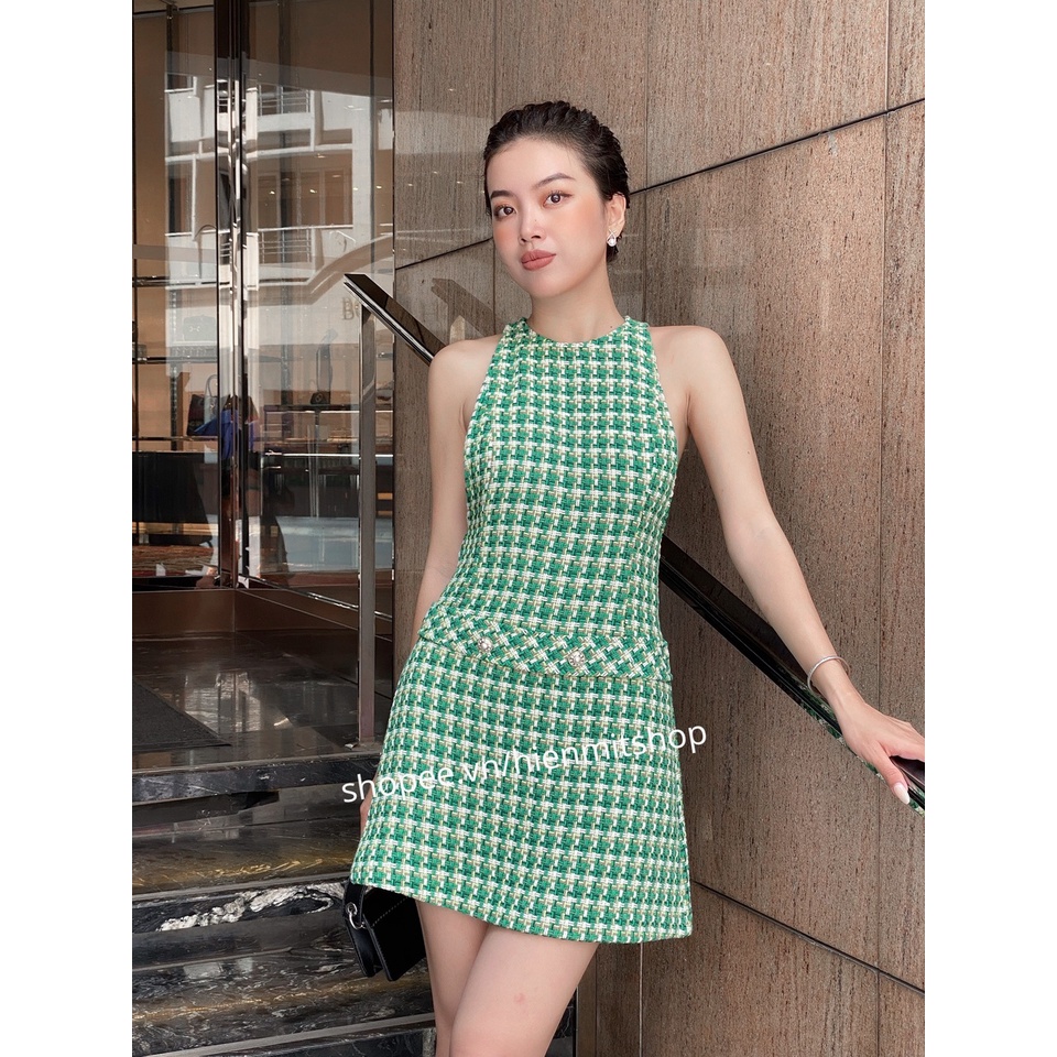 ZARA Đức - Đầm chính hãng auth new tag cao cấp có sẵn sale váy tweed xanh lá sát nách ngắn dạ nỉ 8776/122