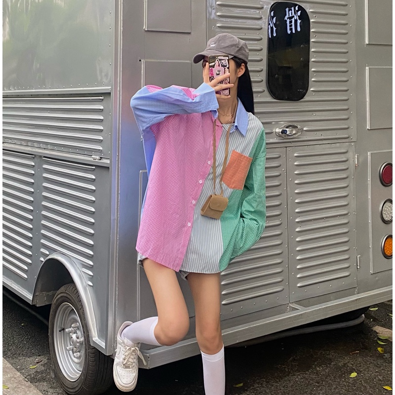 Áo sơ mi tay dài phối màu tương phản phong cách Hàn Quốc dành cho nữ