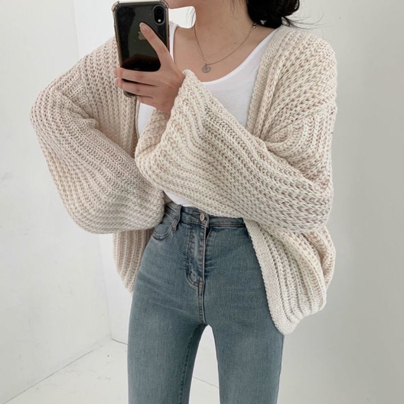Áo Khoác Cardigan Dệt Kim Tay Phồng Cổ Chữ V Màu Sắc Đơn Giản Phong Cách Chic Hàn Quốc Cho Nữ