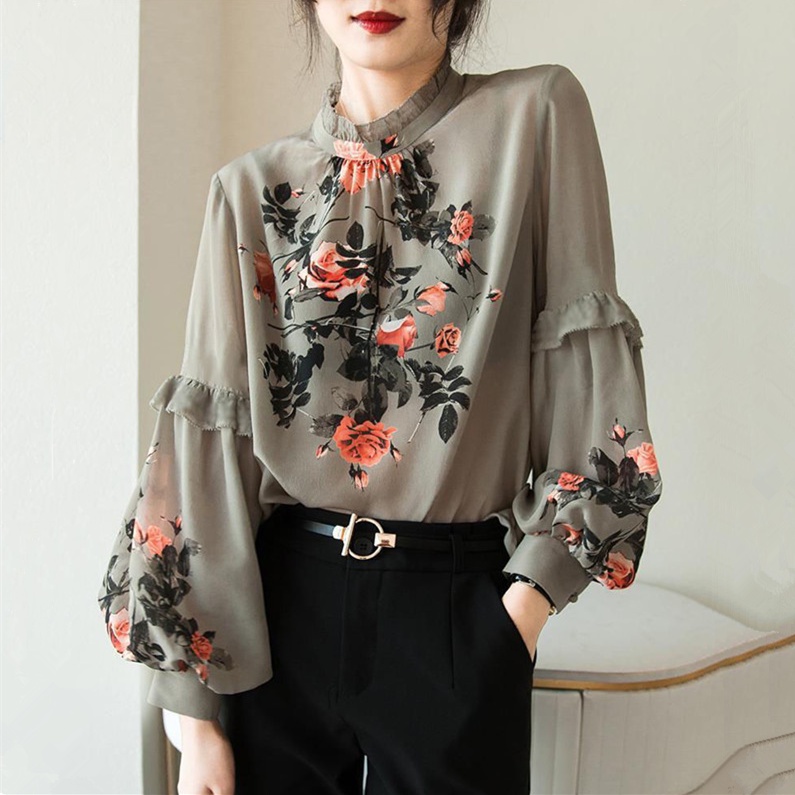 Áo sơ mi chiffon plus size tay dài in họa tiết hoa phong cách hàn quốc cổ điển thanh lịch cho nữ