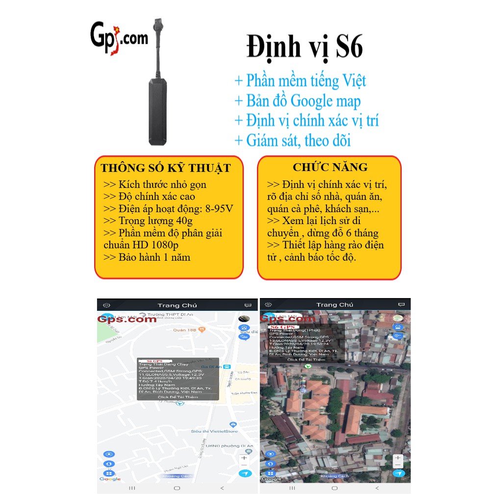 Định vị xe máy, ô tô S6 phần mềm tiếng Việt trên Androi và IOS, định vị vị trí chính xác, bảo hành 1 năm