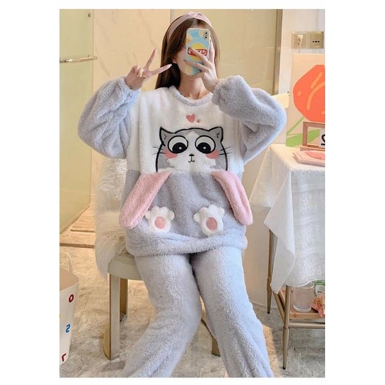 Bộ ngủ mùa đông bộ mặc nhà lông mèo dễ thương lông dày mặc ấm lên dáng xinh | BigBuy360 - bigbuy360.vn