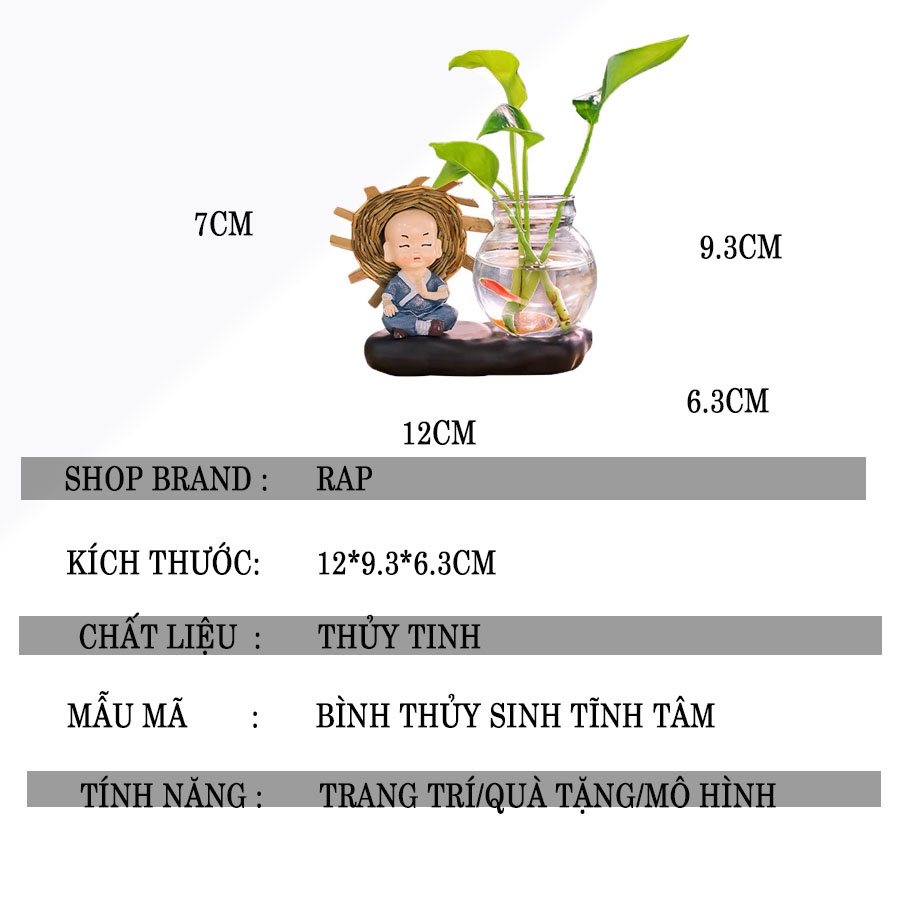 Bình thủy sinh kèm tượng chú tiểu biểu cảm dễ thương : Không Nghe Không Nói Không Thấy Không Làm trồng cây, quà tặng Ráp