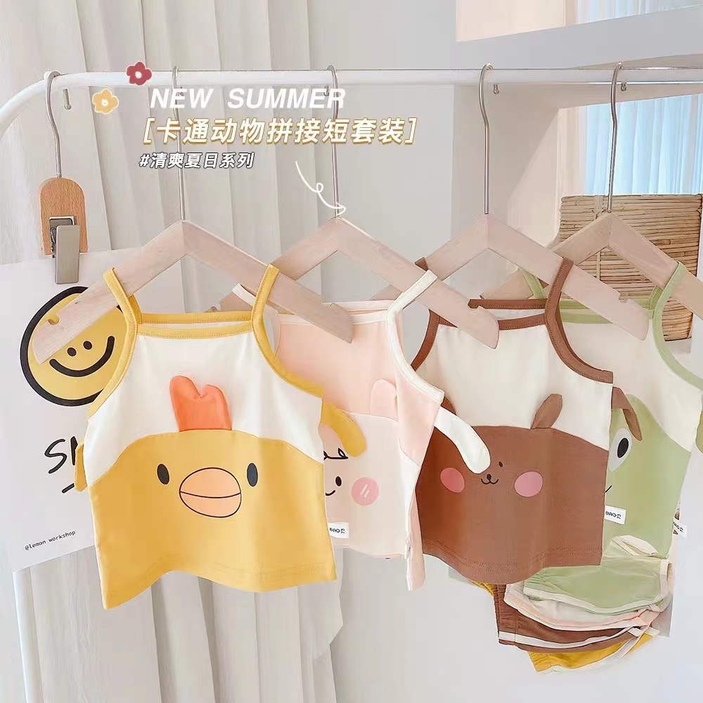 Set Áo Thun Không Tay + Quần Short Thoáng Khí Họa Tiết Hoạt Hình Dễ Thương Cho Bé