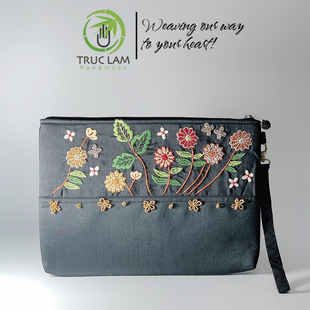 Ví Cầm Tay Đựng Ipad Clutch Vải Tafta Thêu Cành Hoa Hạt Cườm Thủ Công Cỡ To - Trúc Lâm Handmade