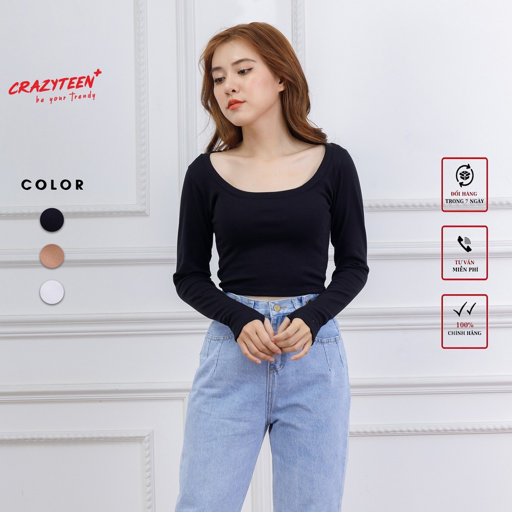 Áo croptop nữ CRAZYTEEN thun cổ thuyền dài tay xỏ ngón AT0096