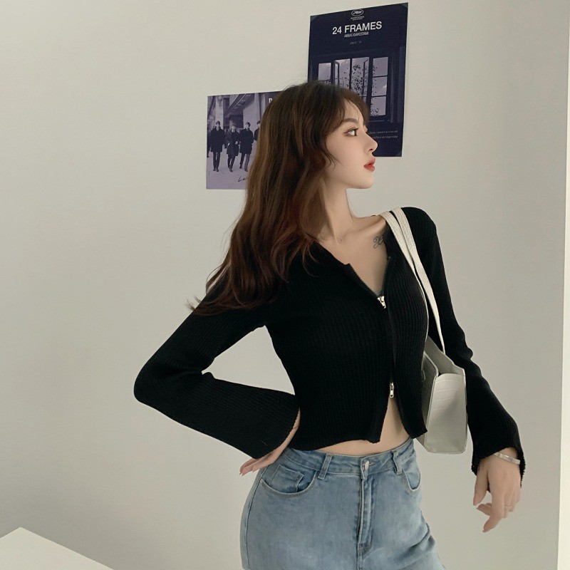 Áo Croptop tay dài dáng ôm body cổ tim chất len tăm có dây kéo phong cách Ulzzang nhiều màu