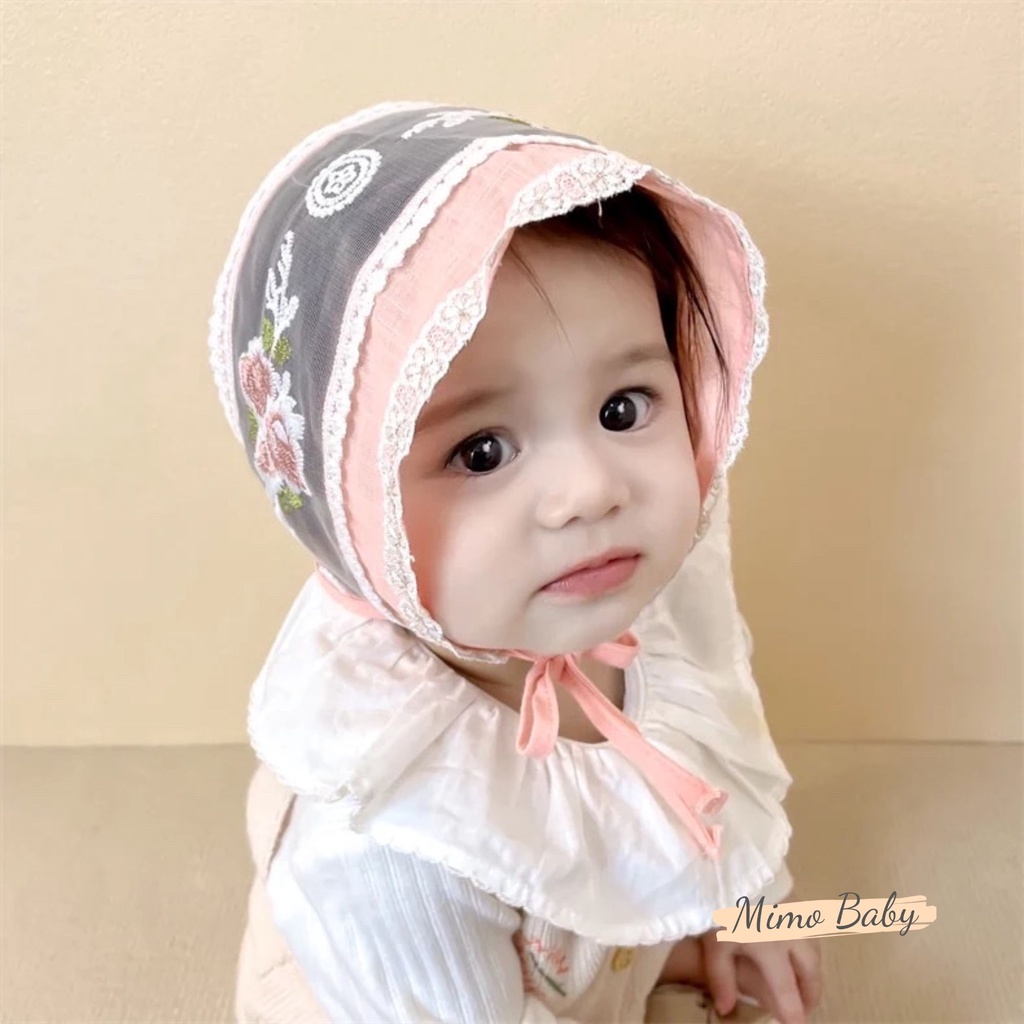 Mũ nón tiểu thư vải đũi phối ren thêu hoa xinh xắn cho bé gái MTT141 Mimo Baby