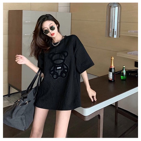 Áo thun tay ngắn dáng rộng in họa tiết hoạt hình gấu dễ phối đồ thời trang mùa hè phong cách Hàn Quốc 2021