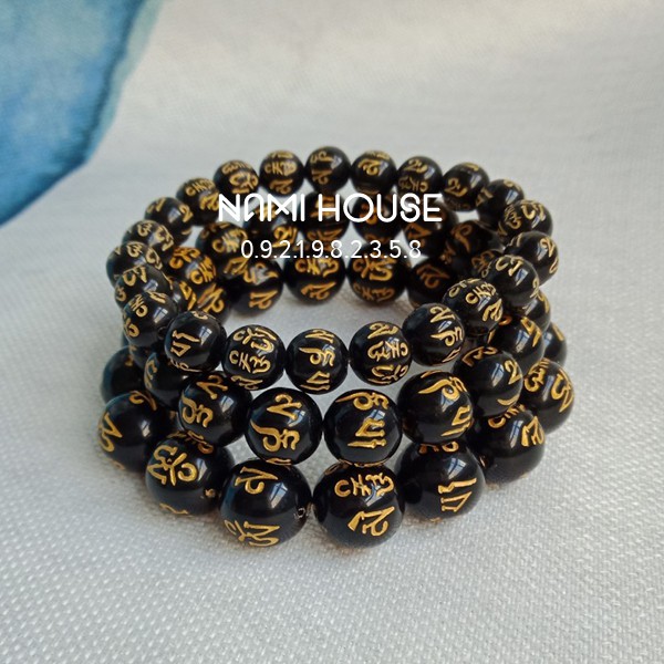 Vòng tay chuỗi hạt om mani padme hum màu đen nhiều kích cỡ khuyến mãi