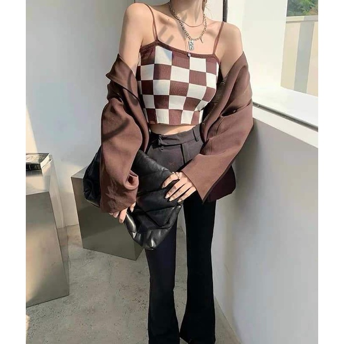 Áo 2 dây kẻ ô đệm ngực hàng QC