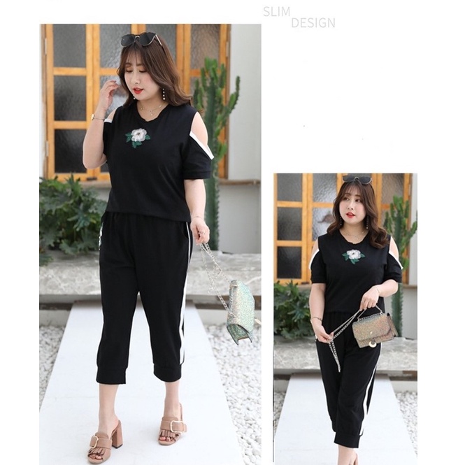 bộ thun lửng big size màu đen khoét vai thêu hoa size 70-120kg