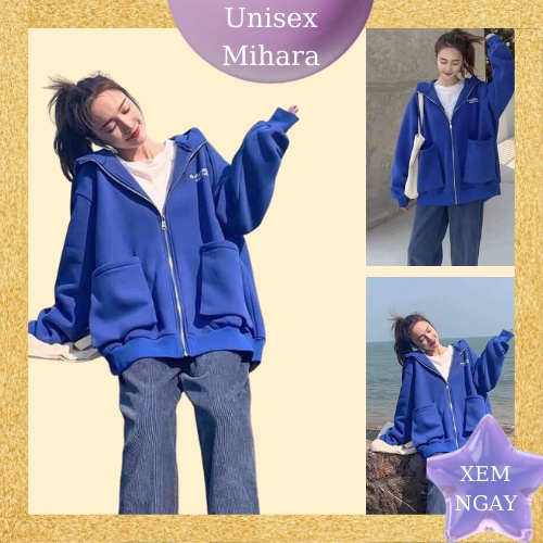 Áo khoác nỉ hoodie kéo khóa from rộng xanh coban over size kiểu dáng Unisex phong cách Hàn Quốc hàng over size - Mihara
