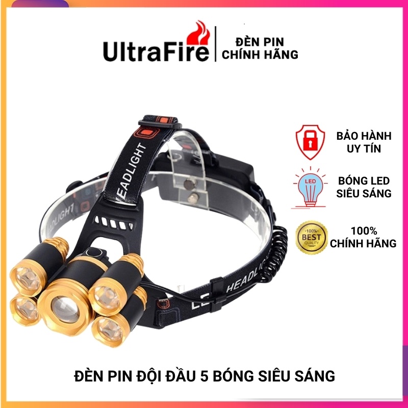 Đèn pin đội đầu siêu sáng * Đèn pin đội đầu 5 bóng led siêu sáng * kèm sạc chống nước - Bảo hành 12 tháng