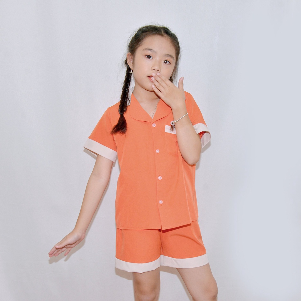 Bộ đồ ngủ pijama bé gáÍ MÀU CAM PHA CỔ - Vải lụa mềm mại, màu sắc tươi mới, mang lại cho bé cảm giác cực kỳ dễ chịu