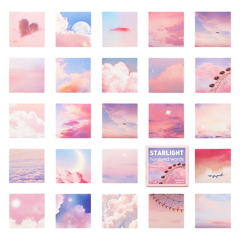 Hộp 46 Miếng Dán Trang Trí Sổ Tay Hình Ảnh Bầu Trời Hồng Và Mây Dễ Thương