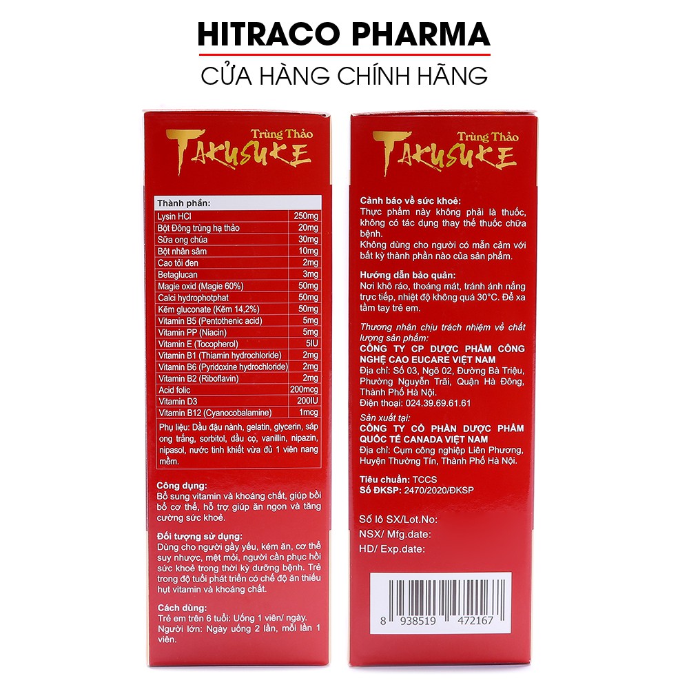 Viên uống Đông Trùng Hạ Thảo Takusuke bổ sung vitamin bồi bổ cơ thể - Hộp 60 viên [Trùng Thảo Takusuke]