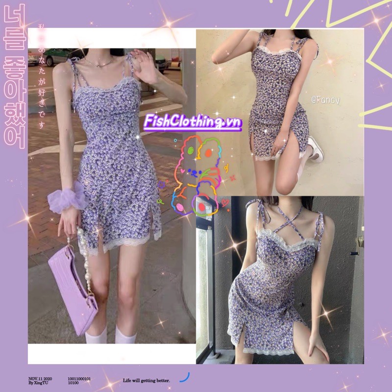 SẴN🎀Đầm ulzzang hai dây hoa cúc nhí phối ren xẻ đùi sexy mặc nhiều kiểu| Đầm tím hoa cúc bánh bèo sexy đuôi cá hot