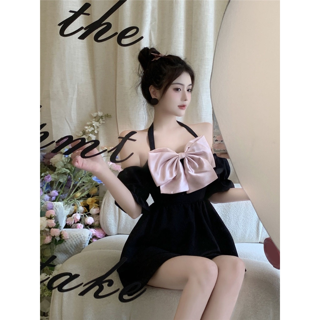 Đầm Trễ Vai Tay Phồng Cổ Thắt Nơ Eo Cao Phong Cách Pháp Ngọt Ngào