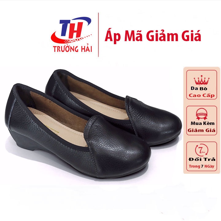 Giày đế xuồng 3cm da bò cao cấp Trường Hải  Màu đen Trơn đế cao su không trơn TH39