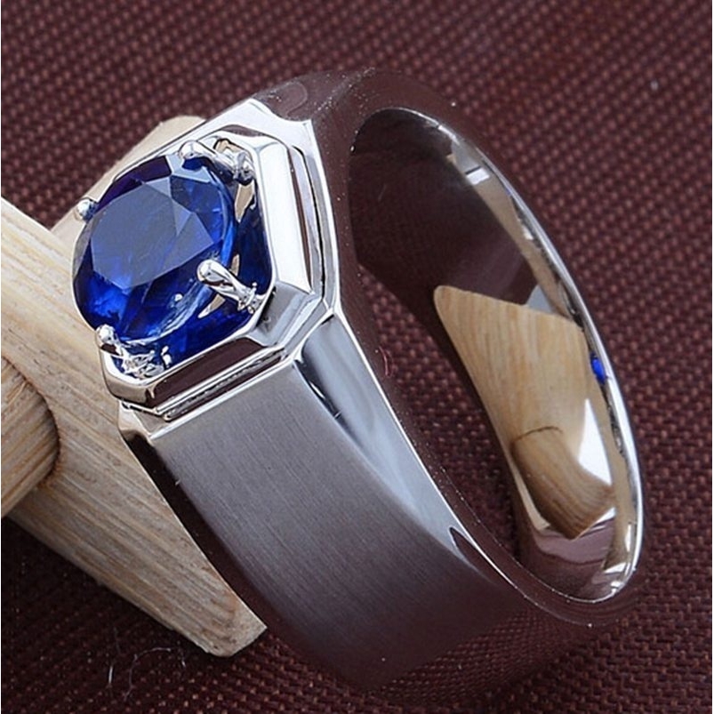 Nhẫn cưới thép titan đính đá Sapphire thời trang cho nam