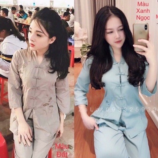 ĐỒ LAM ĐI CHÙA  Sẩm Tàu Trang Nhã thêu hoa sen vải kate mềm