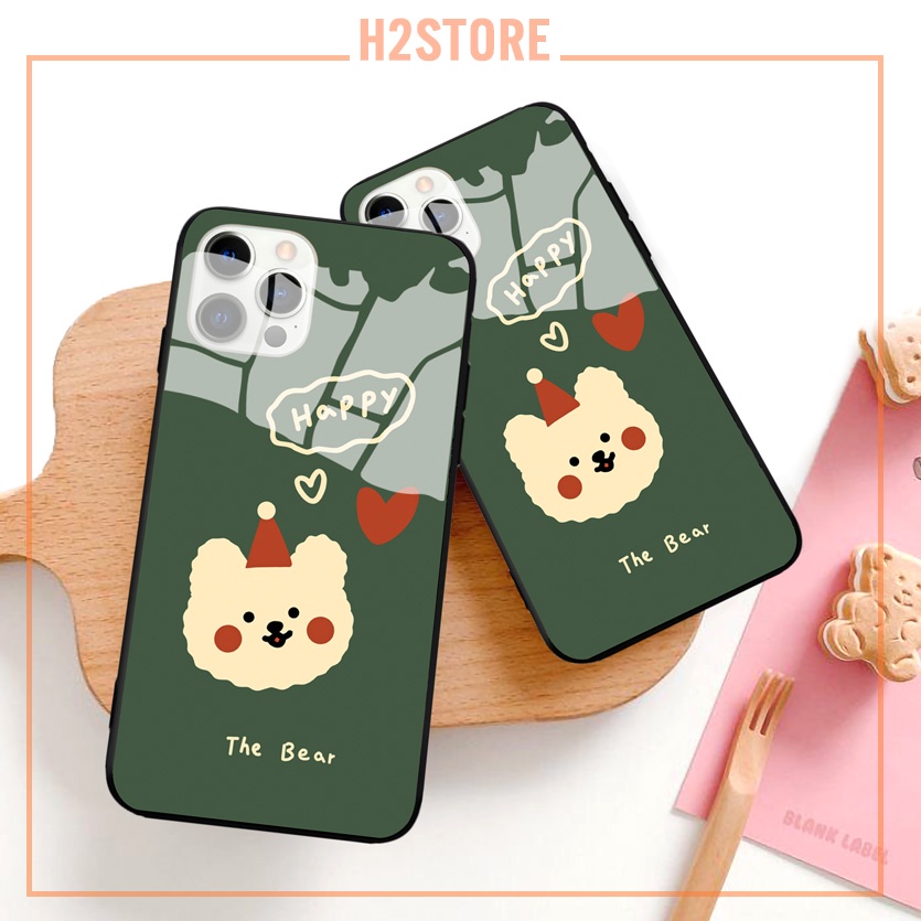 Ốp kính iphone gấu happy cho iphone 6 s plus 7 8 plus Xr X s max 11 11 pro max 12 mini 12 pro max Se2