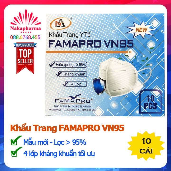 Khẩu trang y tế FAMAPRO VN95 VN 95 – Hàng xuất khẩu chất lượng cao, lọc khuẩn BFE ≥95%, ngừa các bệnh truyền nhiễm