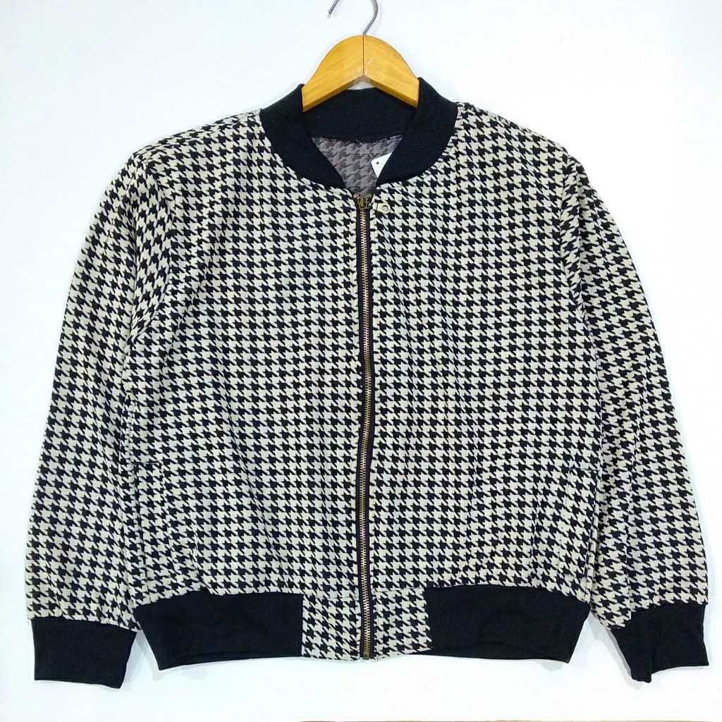 Áo Khoác Bomber Hoạ Tiết Houndstooth Size Lớn Xl-xxl Màu Be Cho Nữ