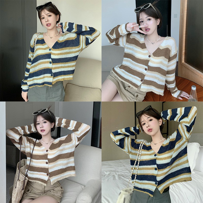 Áo Cardigan Dệt Kim Tay Dài Cổ Chữ V Form Rộng Họa Tiết Kẻ Sọc Màu Tương Phản Phong Cách Hàn Quốc