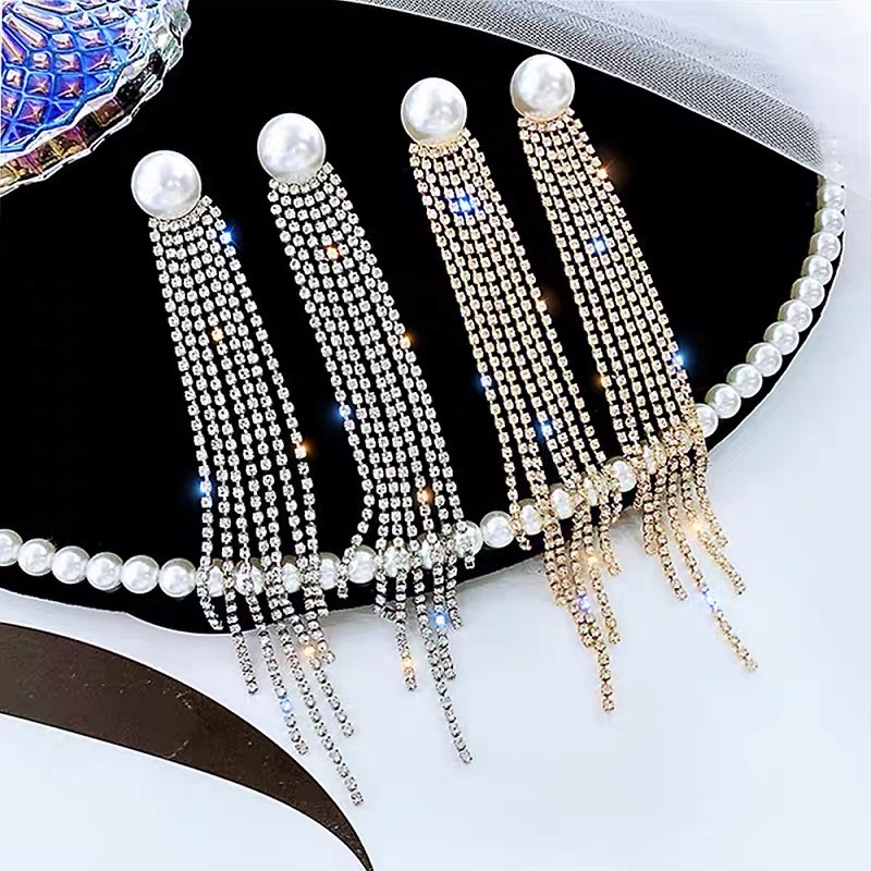 bông tai tuarua dài đính đá siêu sang chảnh, khuyên tai thả dài đá zircon phong cách siêu sao hàn quốc