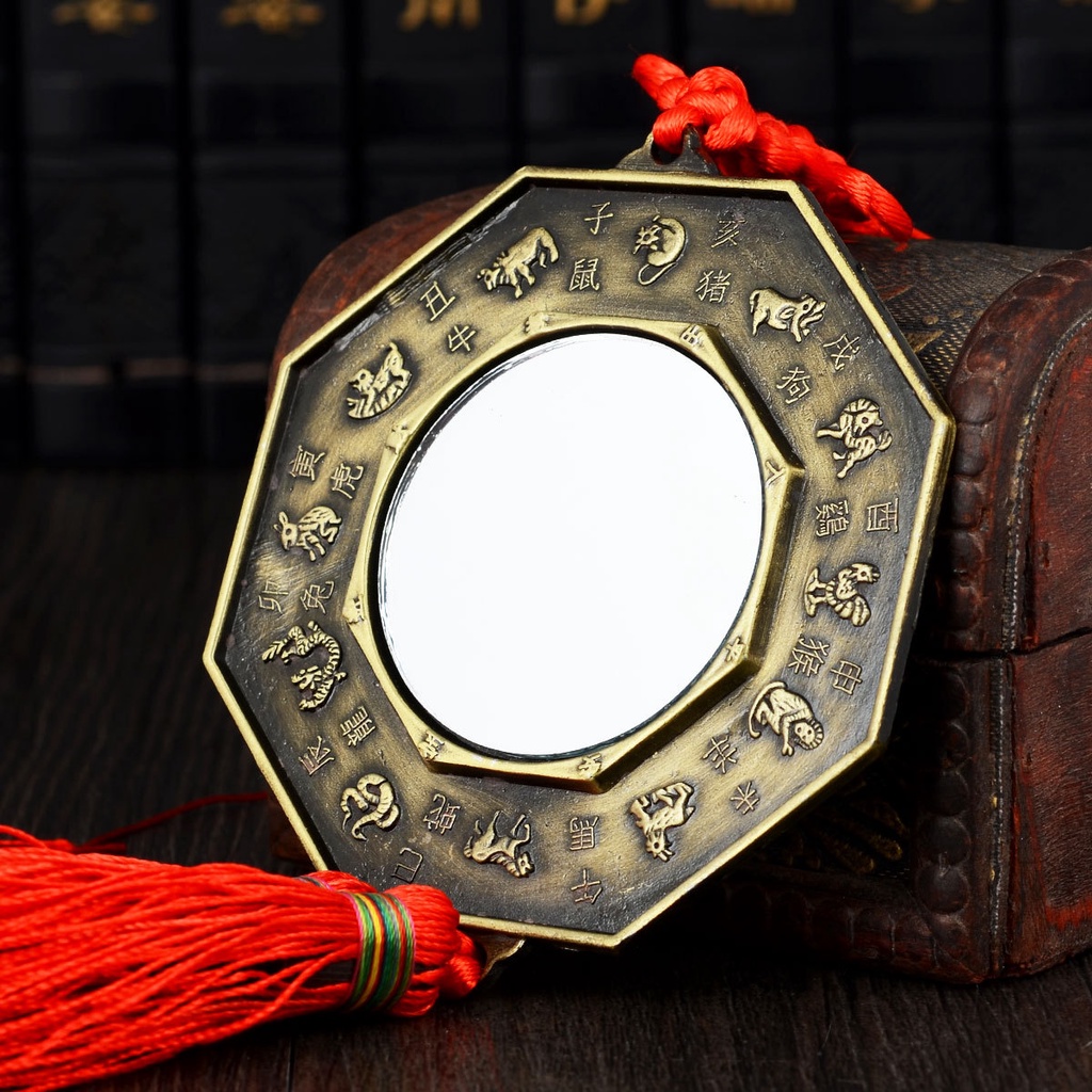 Gương bát quái âm dương hóa giải điềm xấu cho ngôi nhà của bạn 12cm - kim loại mặt sau gương phẳng có dây tâm kết