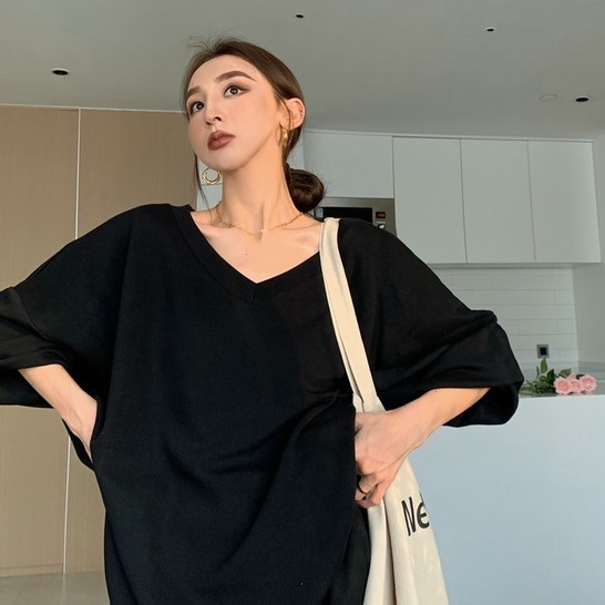 QADCOL Áo thun lửng dài tay cổ chữ V dáng rộng thời trang cho nữ